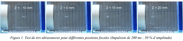 test de tirs ultrasonores pour différentes positions focales (impulsion de 200 ms; 50% d'amplitude)